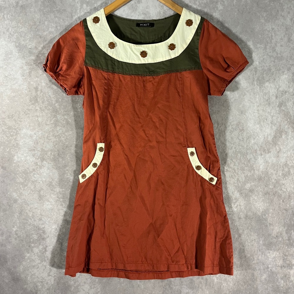 MIXIT Tunic Mini Dress Womens Small Rust Orange Floral Button‎ Boho Colorblock